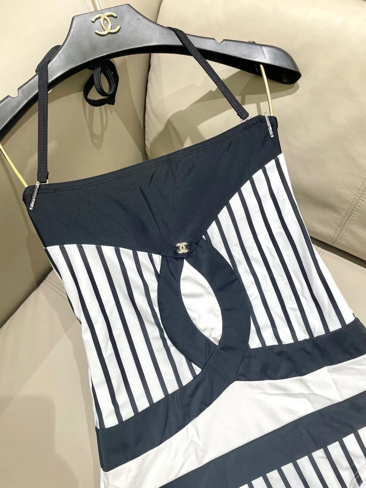Chanel Black White Halter-Neck Striped Swimwear 5