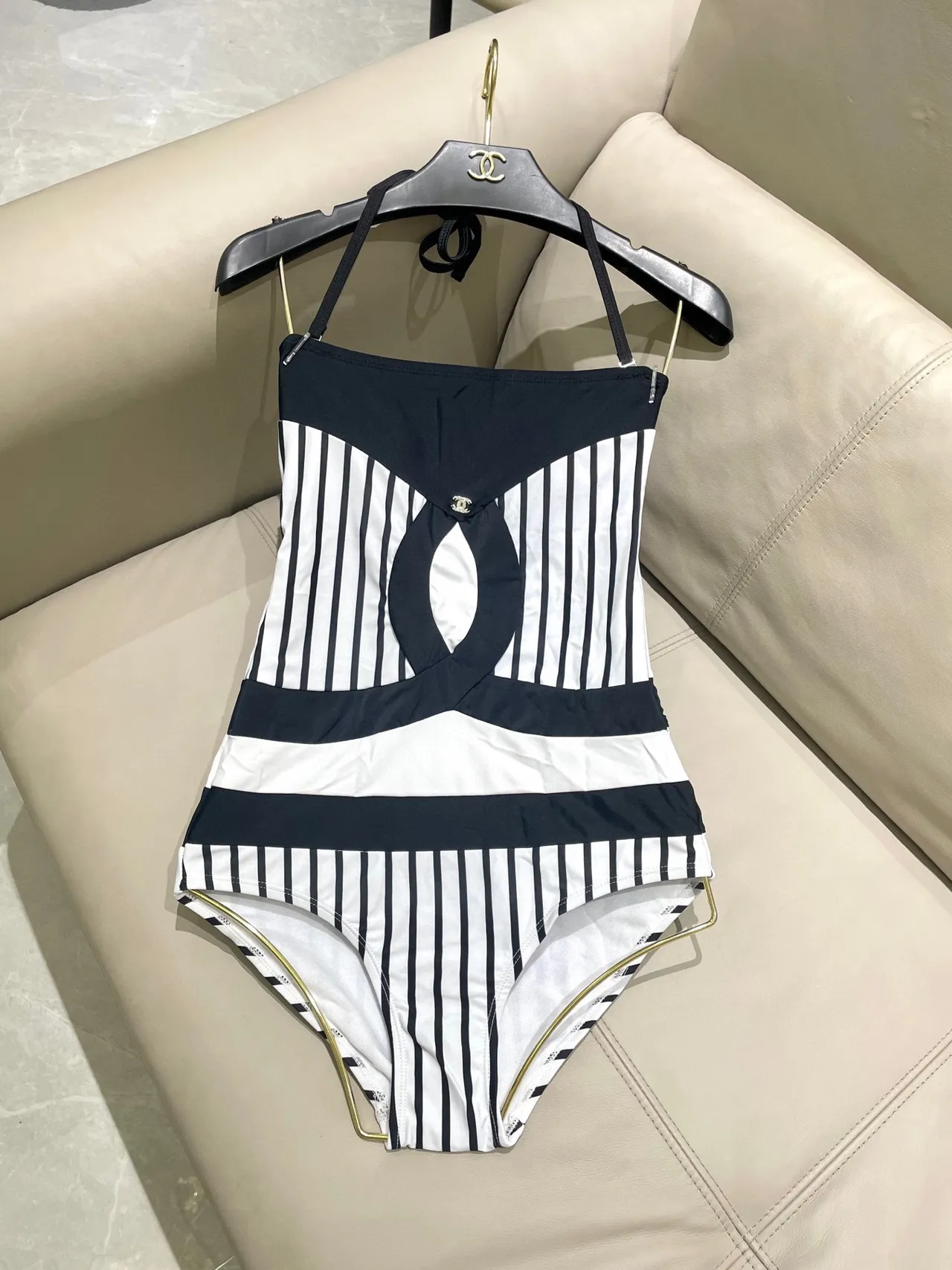 Chanel Black White Halter-Neck Striped Swimwear 6