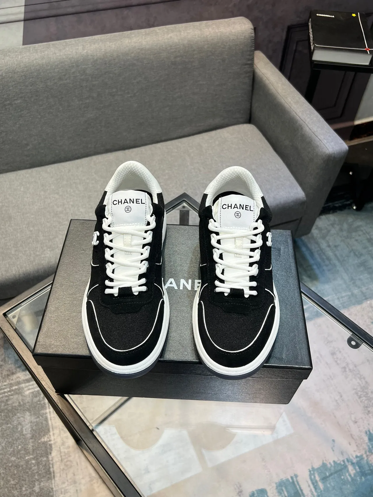 Chanel Black White Low-Top Suede-Mesh Hybrid Lifestyle Sneakers 2