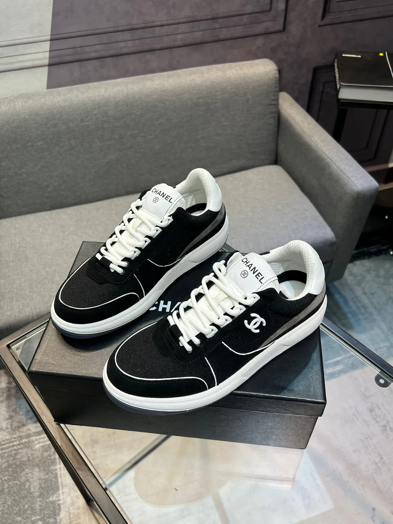 Chanel Black White Low-Top Suede-Mesh Hybrid Lifestyle Sneakers 3