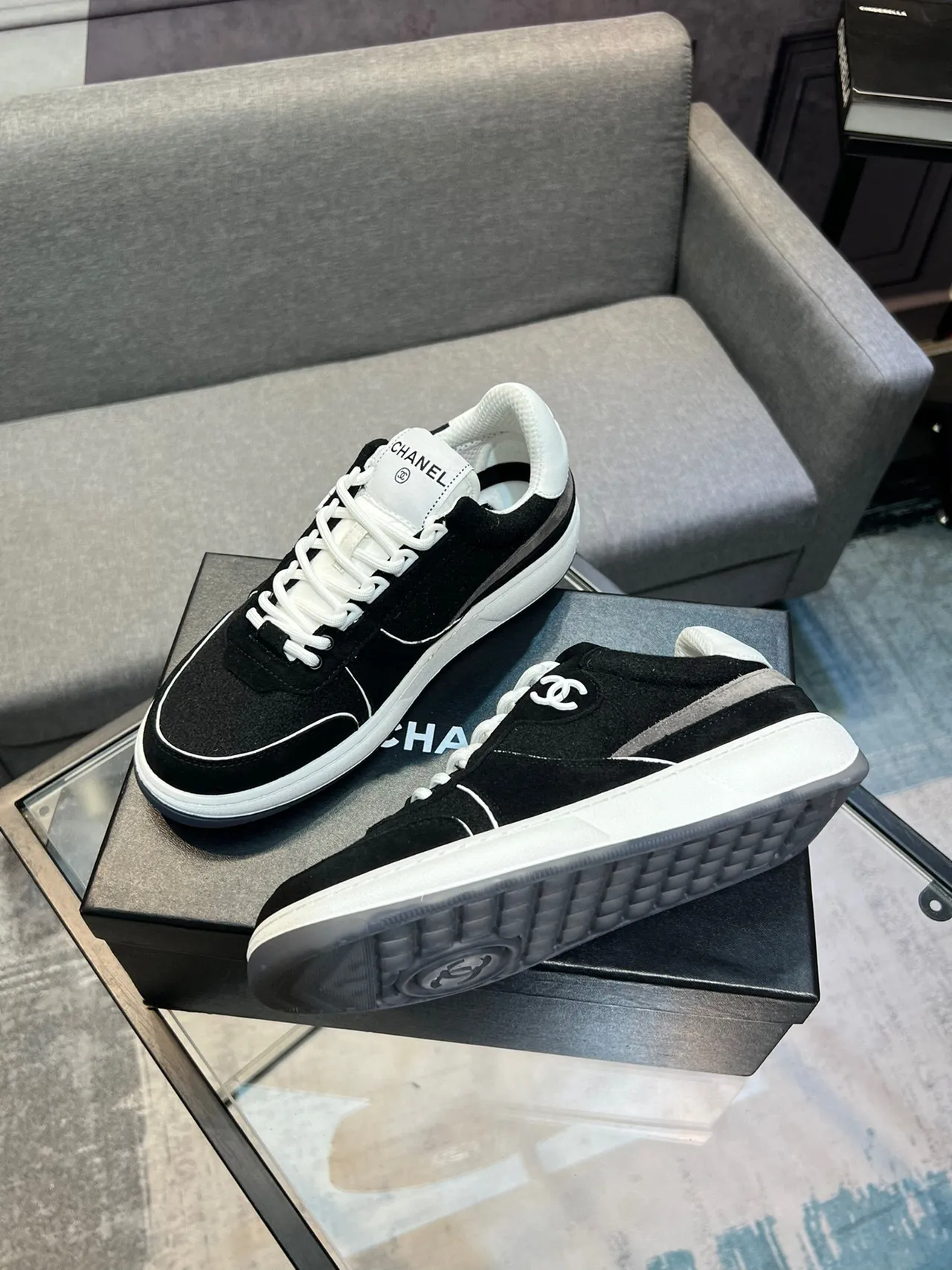 Chanel Black White Low-Top Suede-Mesh Hybrid Lifestyle Sneakers 4