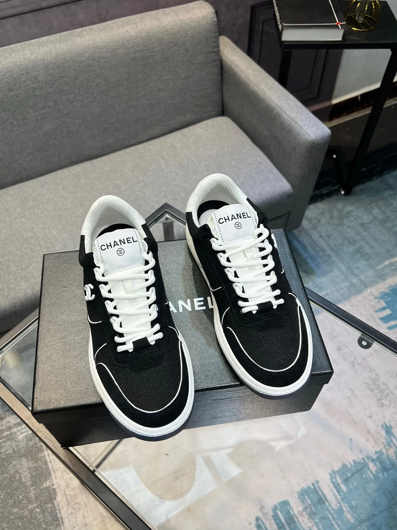 Chanel Black White Low-Top Suede-Mesh Hybrid Lifestyle Sneakers 5