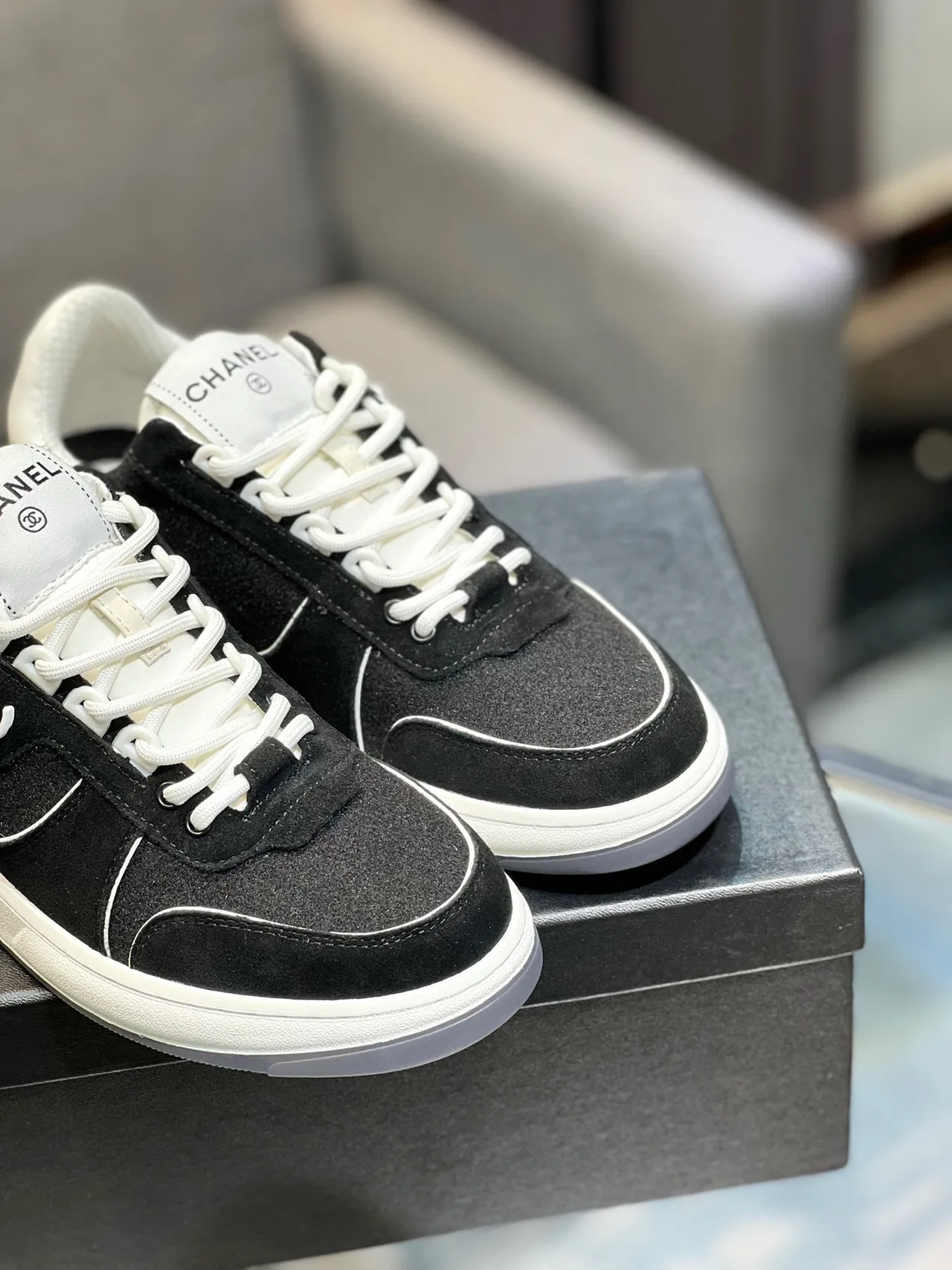 Chanel Black White Low-Top Suede-Mesh Hybrid Lifestyle Sneakers 9