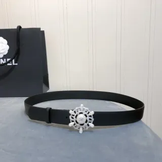 Chanel Black White Ornate Crystal-and-Pearl Buckle Leather Belt