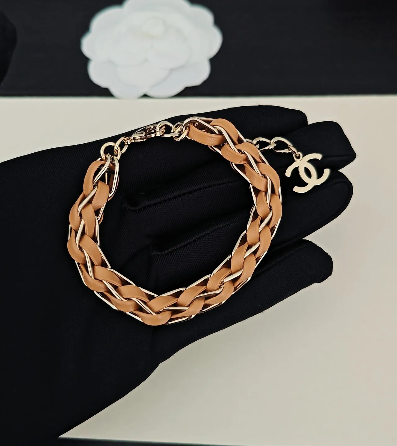 Chanel Braided Leather and Gold-Tone Chain Bracelet 3