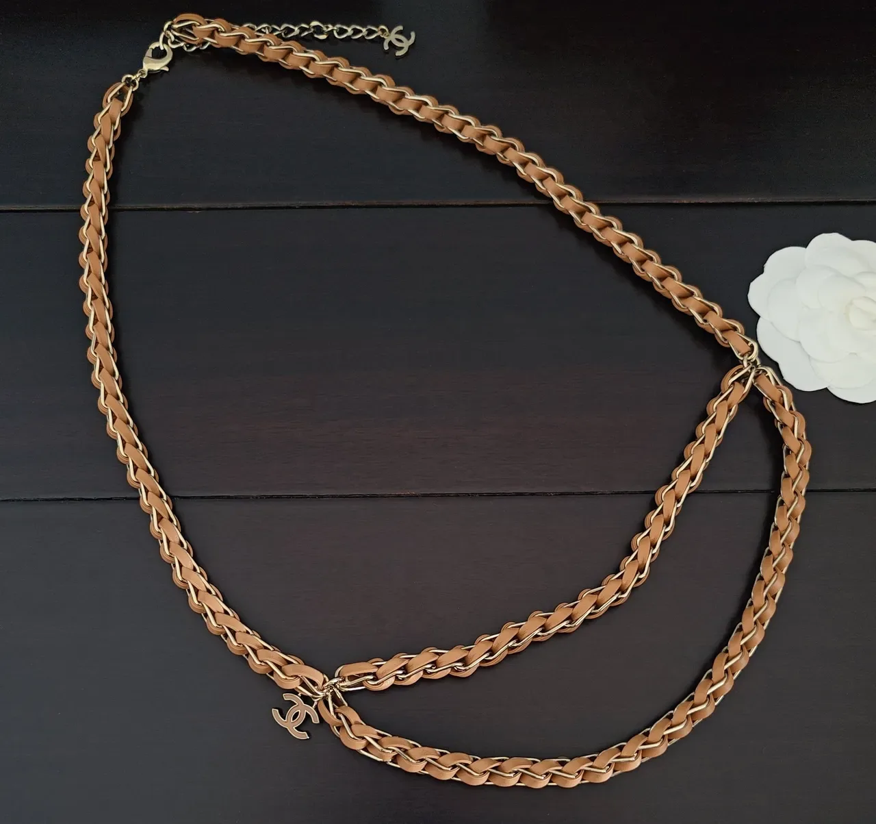 Chanel Brown Gold Braided Interwoven Metal Chain Leather Belt 2