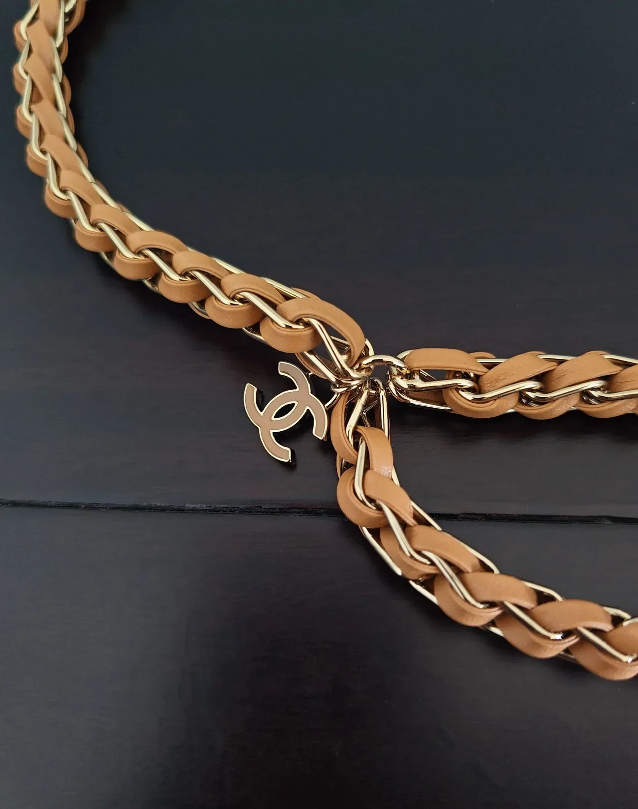 Chanel Brown Gold Braided Interwoven Metal Chain Leather Belt 3