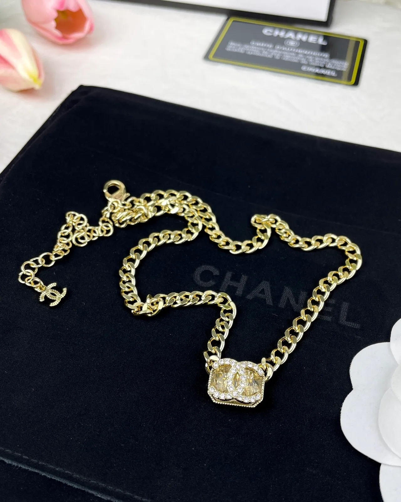 Chanel Camellia & CC Gold White Curb Chain Crystal-Encrusted Pendant Necklace 2
