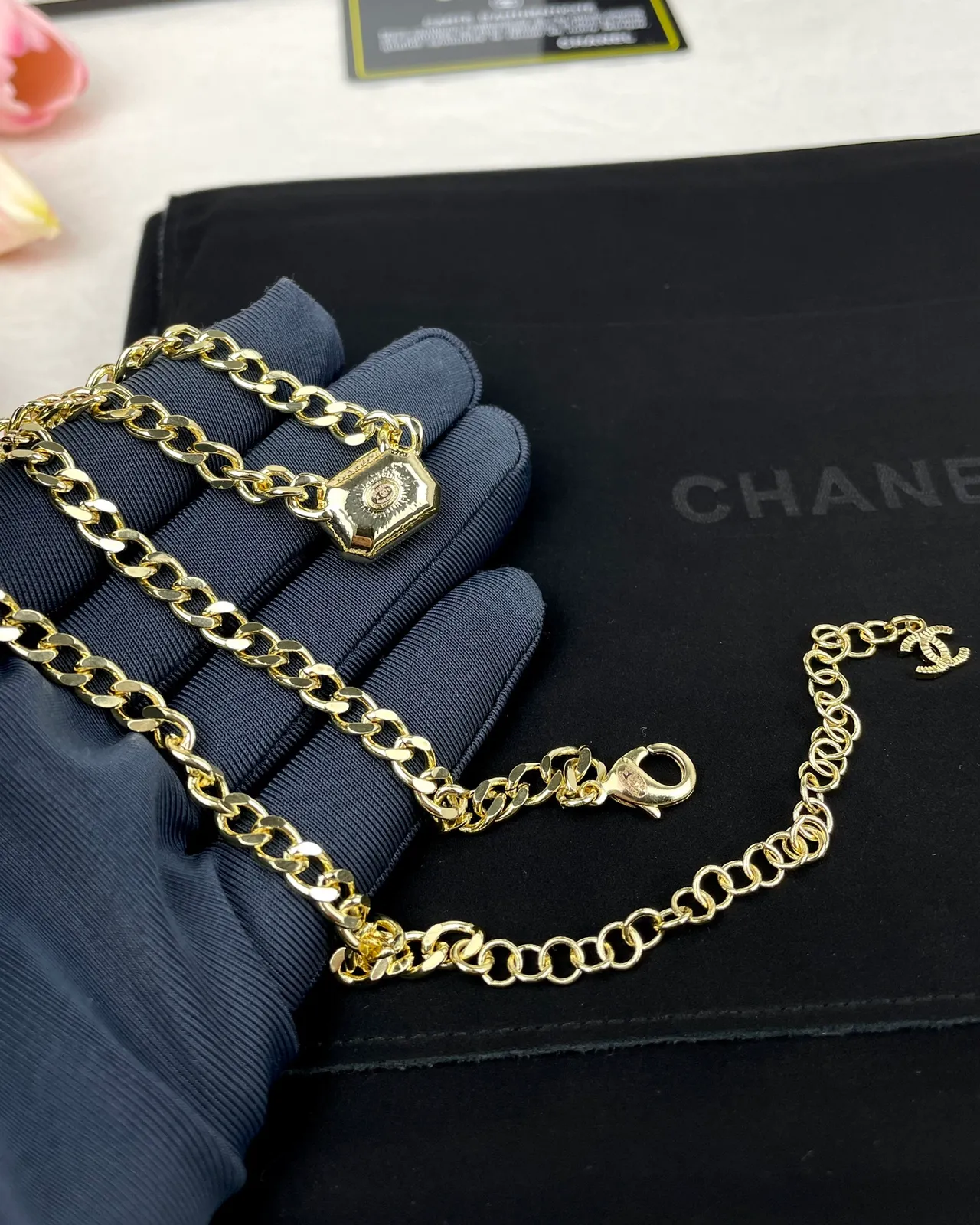 Chanel Camellia & CC Gold White Curb Chain Crystal-Encrusted Pendant Necklace 3