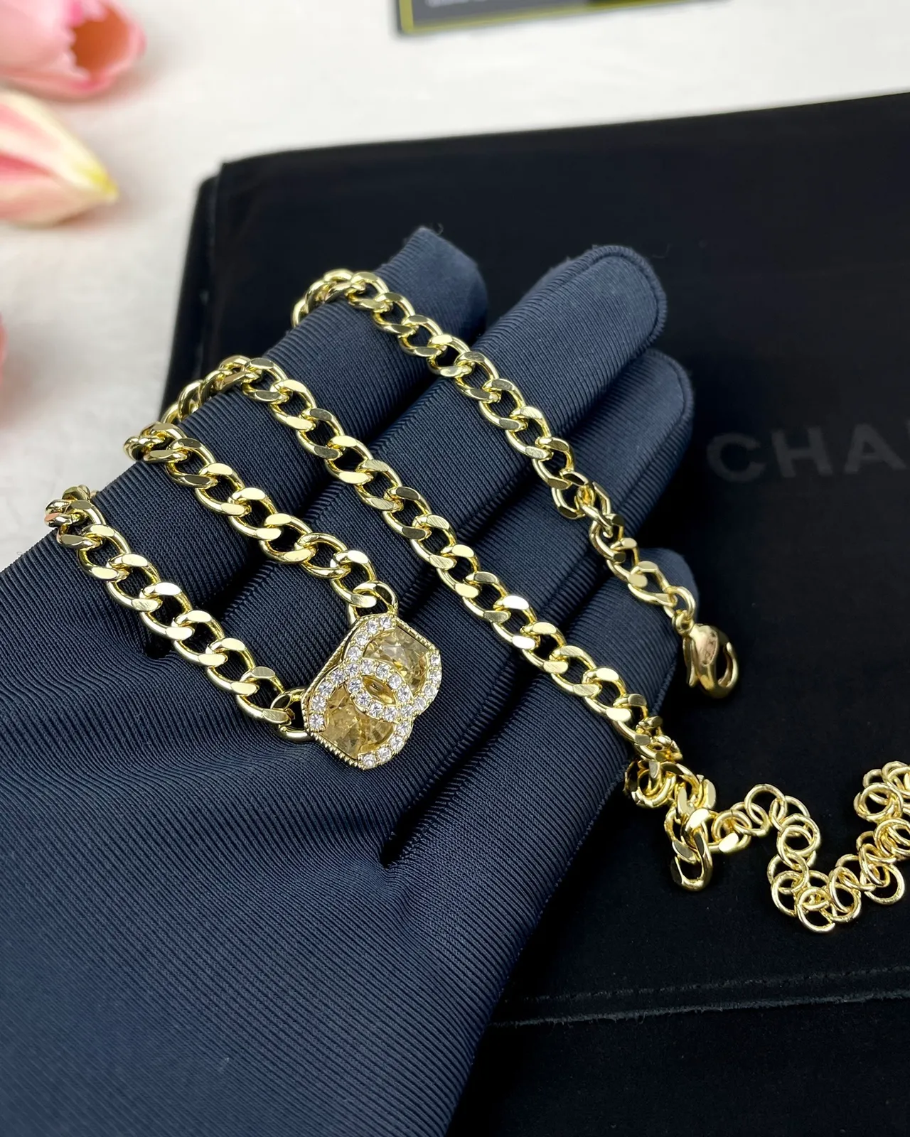 Chanel Camellia & CC Gold White Curb Chain Crystal-Encrusted Pendant Necklace 4