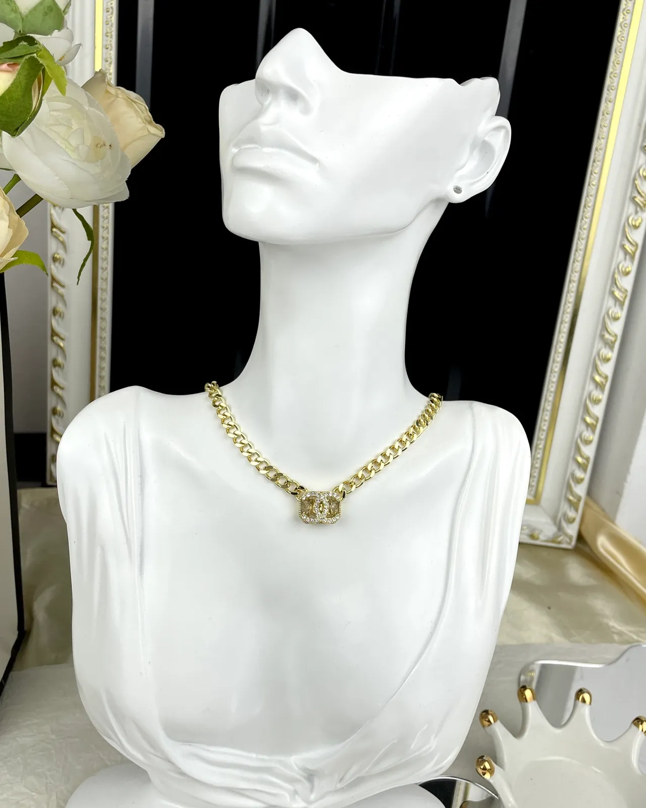 Chanel Camellia & CC Gold White Curb Chain Crystal-Encrusted Pendant Necklace 5