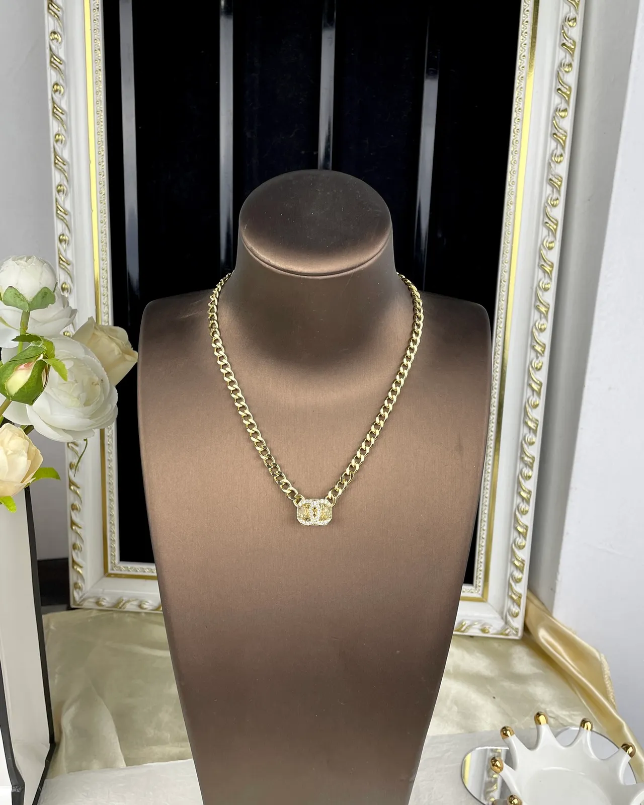 Chanel Camellia & CC Gold White Curb Chain Crystal-Encrusted Pendant Necklace 6