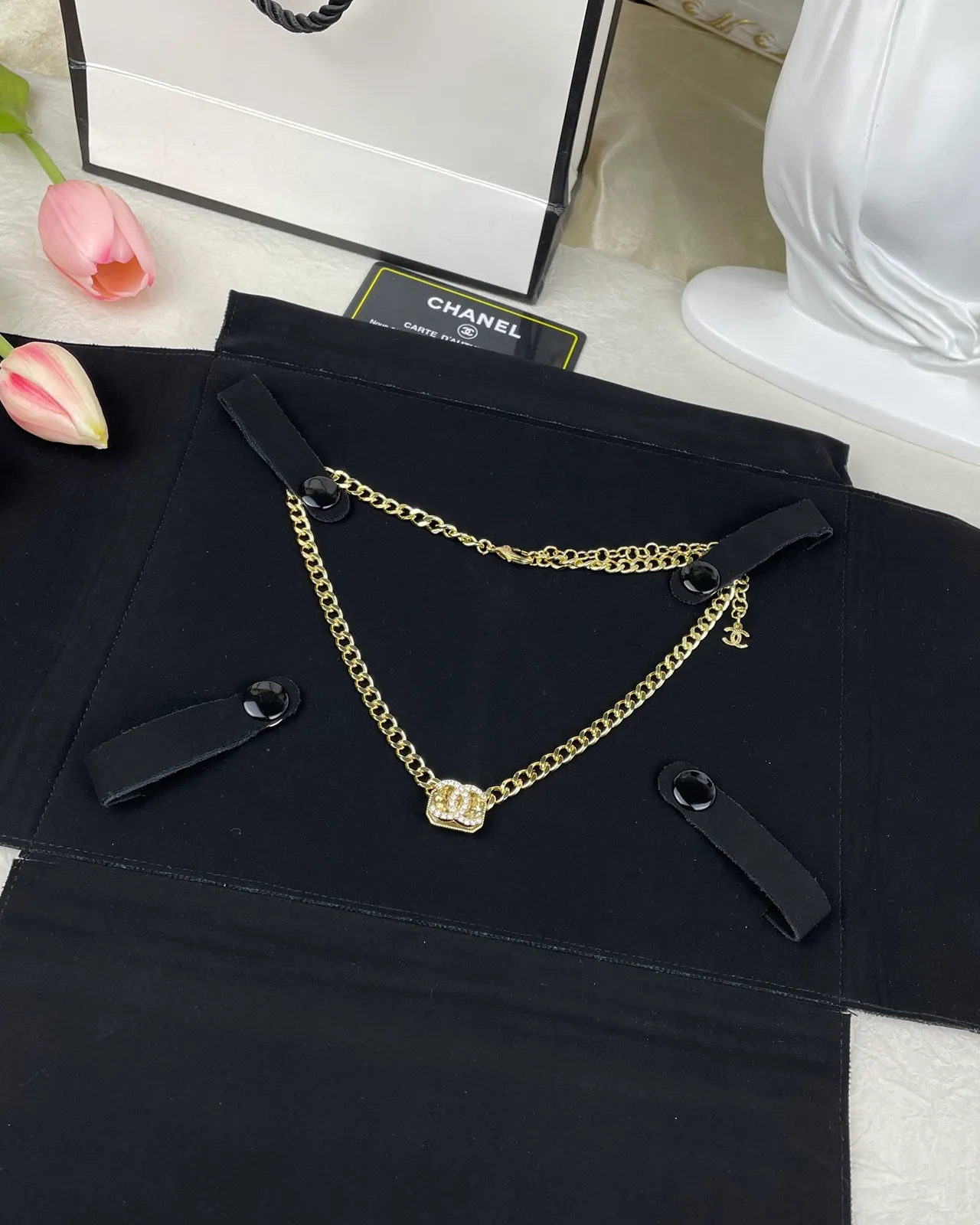 Chanel Camellia & CC Gold White Curb Chain Crystal-Encrusted Pendant Necklace 7