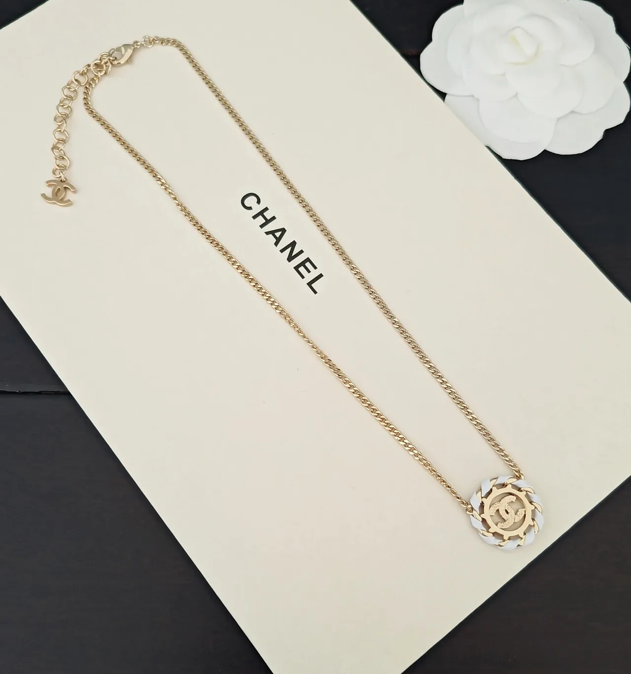 Chanel Camellia Necklace Gold Tone White Ceramic Interlocking CC Logo Necklace 3