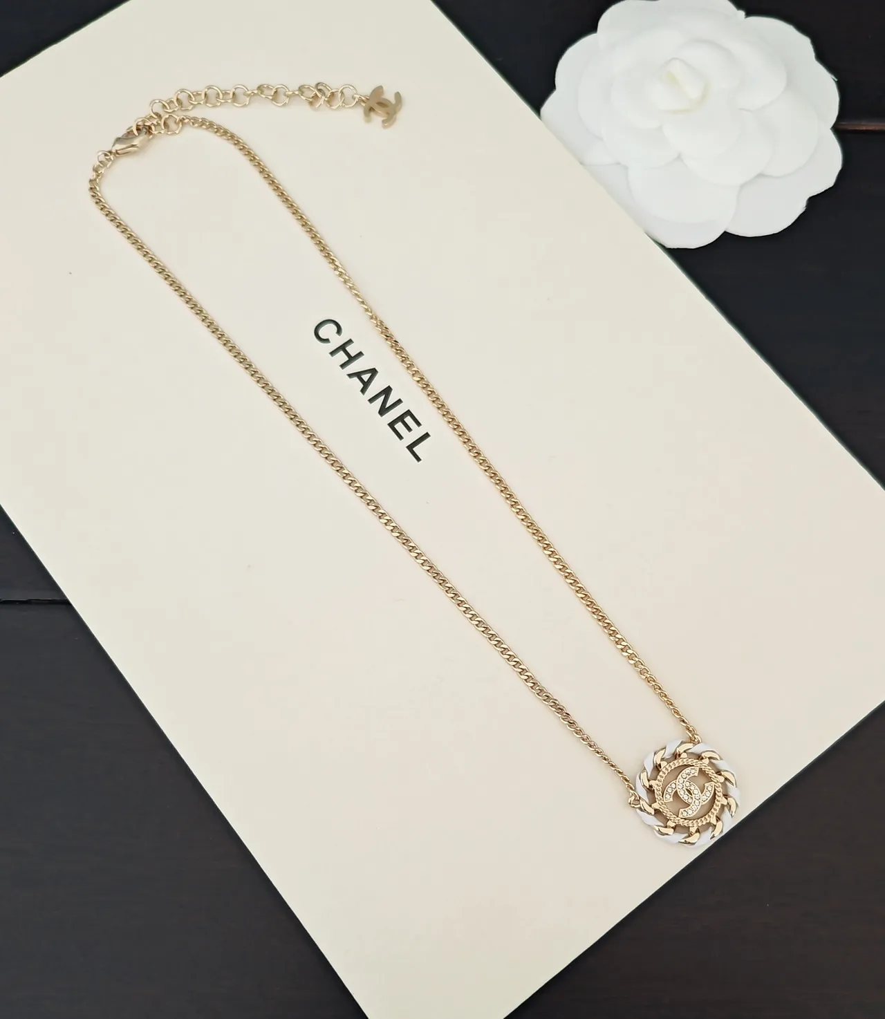 Chanel Camellia Necklace Gold Tone White Ceramic Interlocking CC Logo Necklace 4