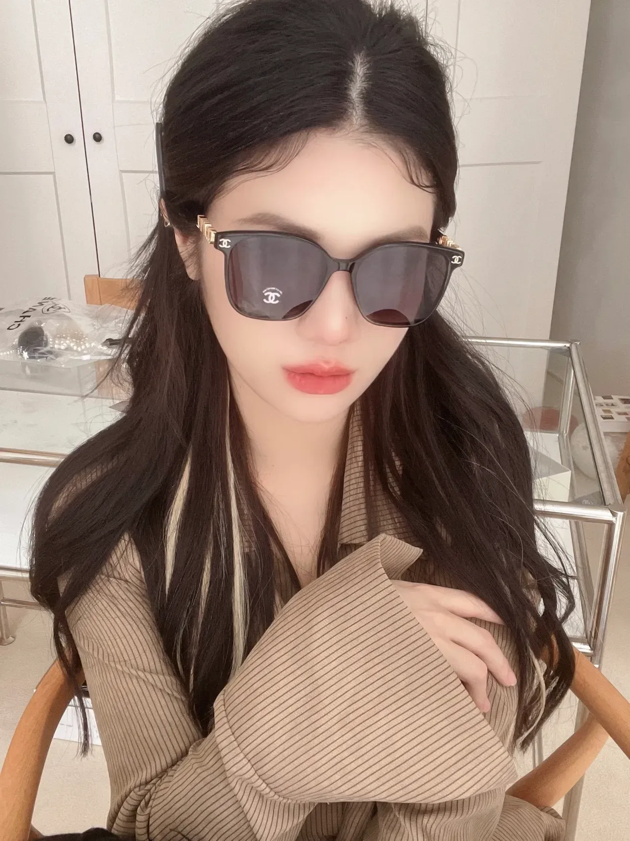 Chanel Cat-Eye White Gold Silhouette Acetate Frame Sunglasses 3