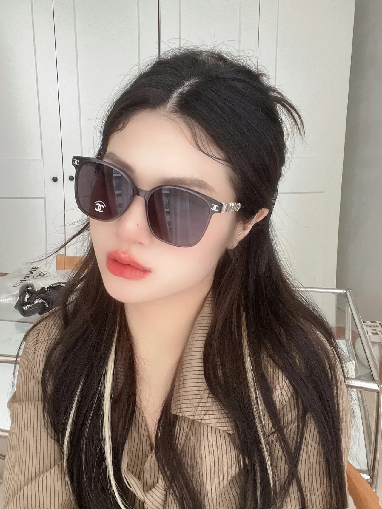 Chanel Cat-Eye White Gold Silhouette Acetate Frame Sunglasses 4