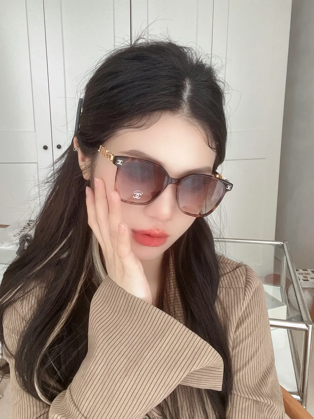 Chanel Cat-Eye White Gold Silhouette Acetate Frame Sunglasses 5