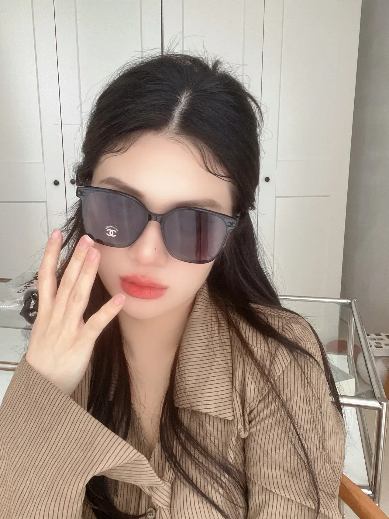 Chanel Cat-Eye White Gold Silhouette Acetate Frame Sunglasses 8