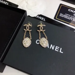 Chanel CC Drop Gold Beige Metal Crystal-Encrusted Border Earrings
