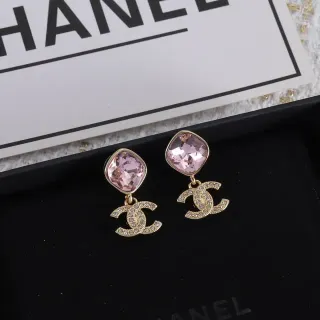 Chanel CC Drop Pink Gold Cushion-Cut Crystal Stud Pavé-Encrusted Logo Earrings