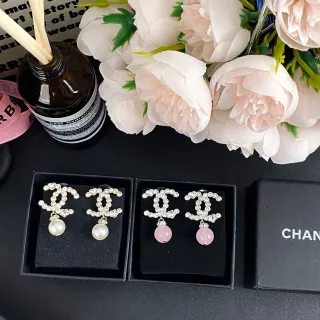 Chanel CC Drop White Pink Crystal-Pavé Interlocking Motif Dangling Spherical Gemstone Earrings