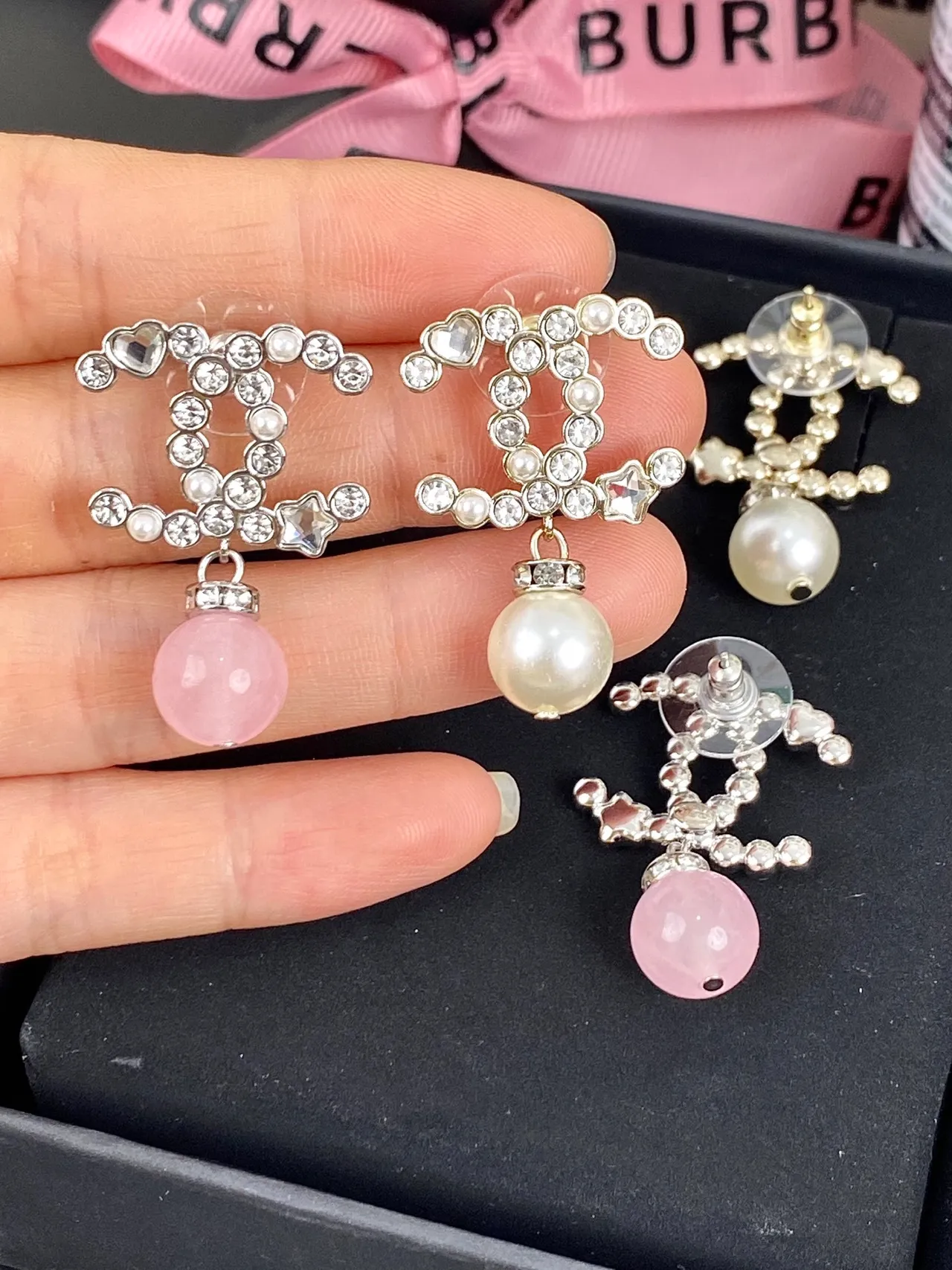 Chanel CC Drop White Pink Crystal-Pavé Interlocking Motif Dangling Spherical Gemstone Earrings 3
