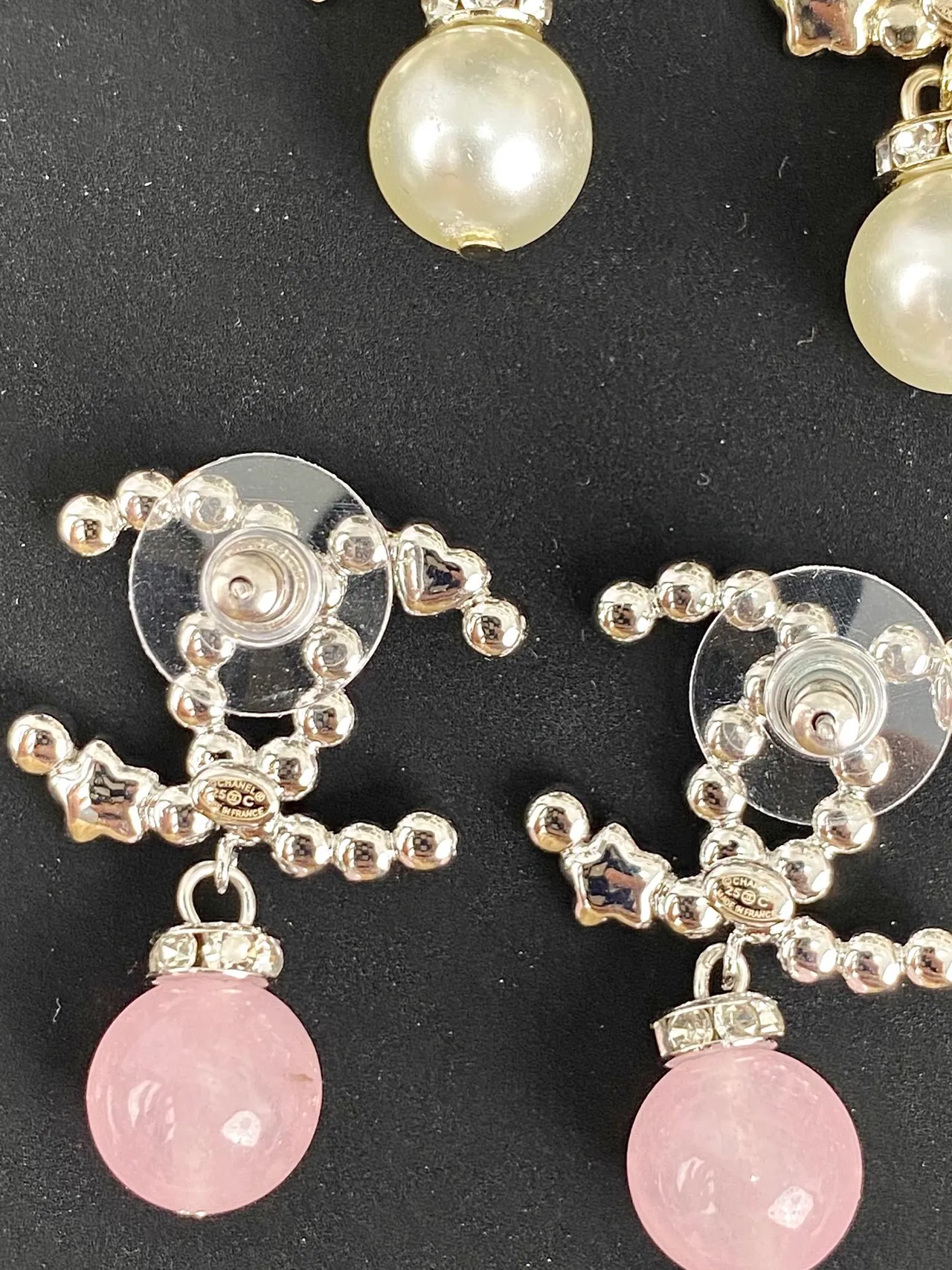 Chanel CC Drop White Pink Crystal-Pavé Interlocking Motif Dangling Spherical Gemstone Earrings 4