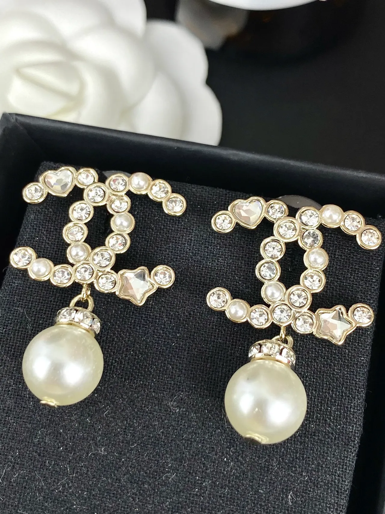 Chanel CC Drop White Pink Crystal-Pavé Interlocking Motif Dangling Spherical Gemstone Earrings 5