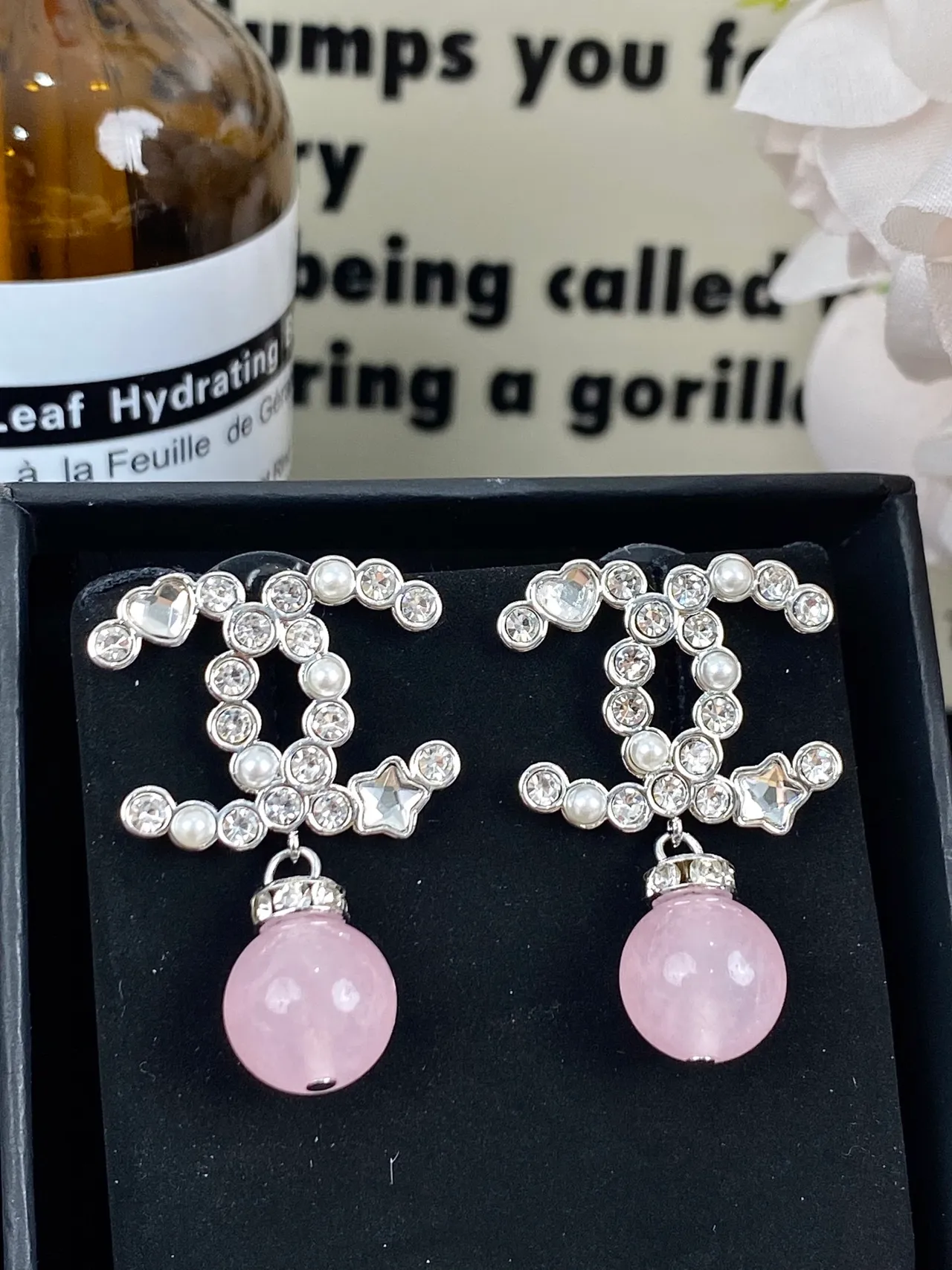 Chanel CC Drop White Pink Crystal-Pavé Interlocking Motif Dangling Spherical Gemstone Earrings 6