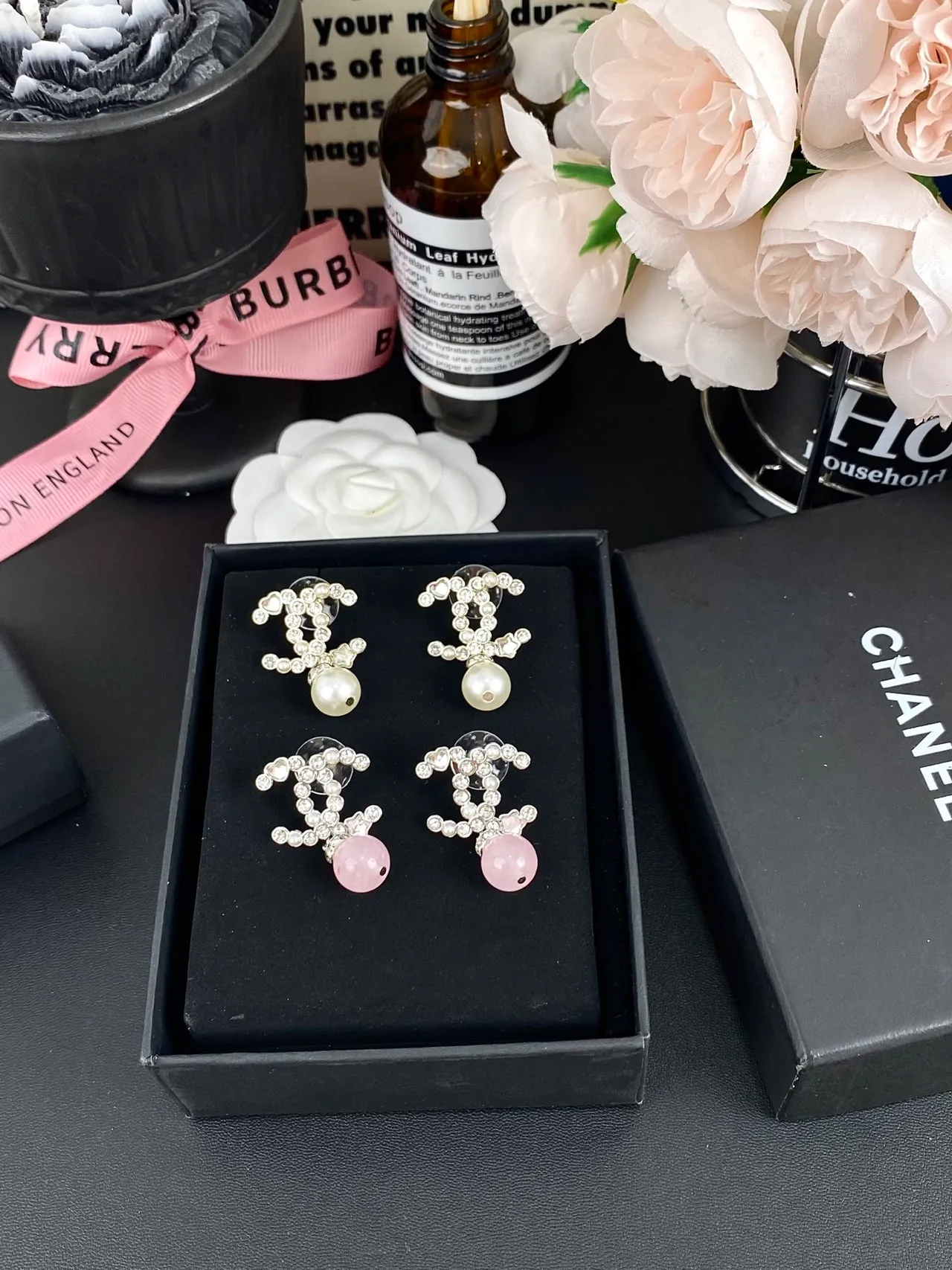 Chanel CC Drop White Pink Crystal-Pavé Interlocking Motif Dangling Spherical Gemstone Earrings 7