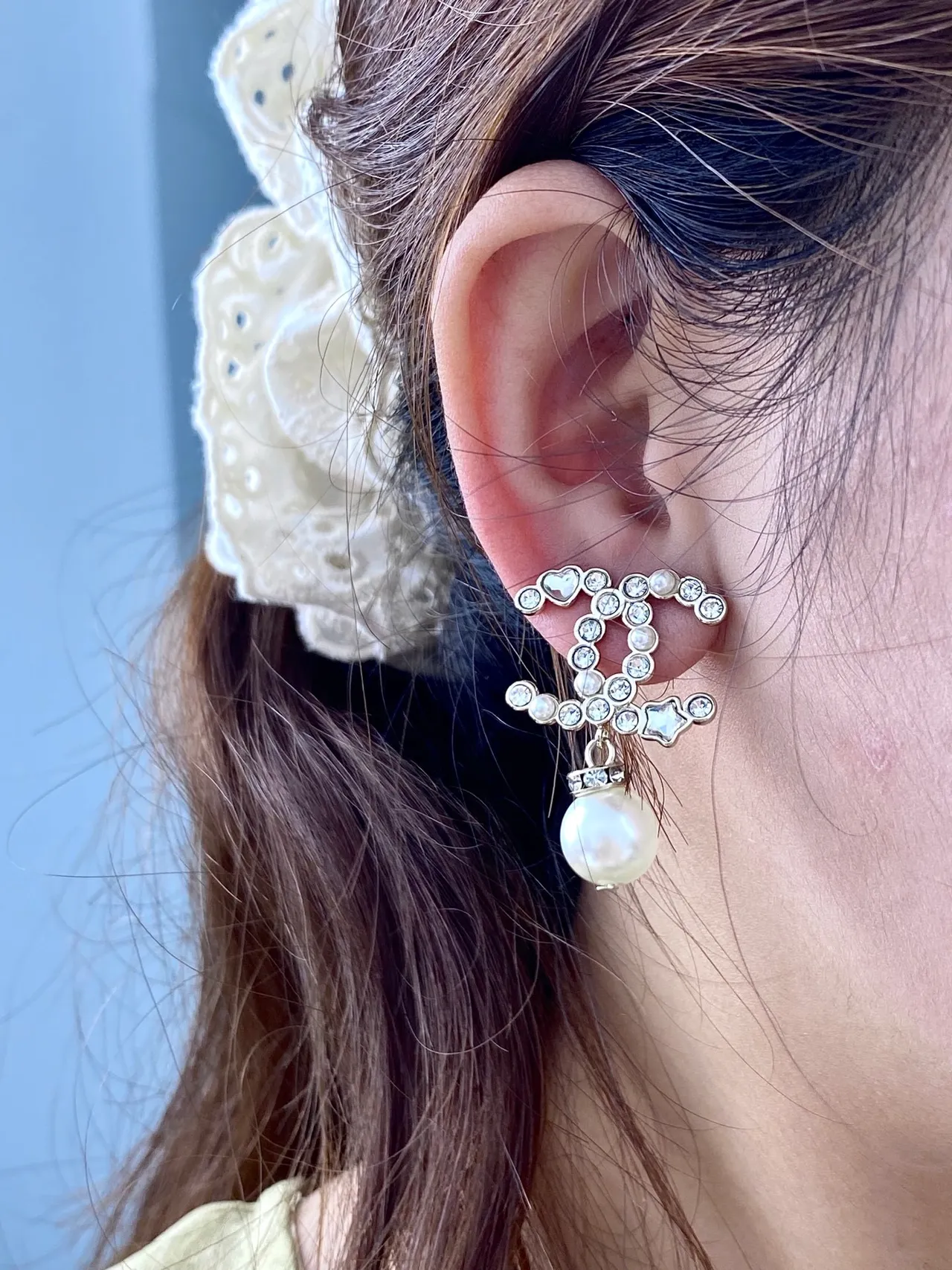 Chanel CC Drop White Pink Crystal-Pavé Interlocking Motif Dangling Spherical Gemstone Earrings 8