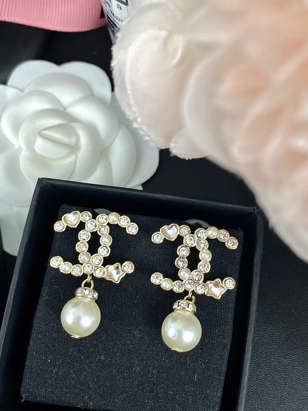 Chanel CC Drop White Pink Crystal-Pavé Interlocking Motif Dangling Spherical Gemstone Earrings 9