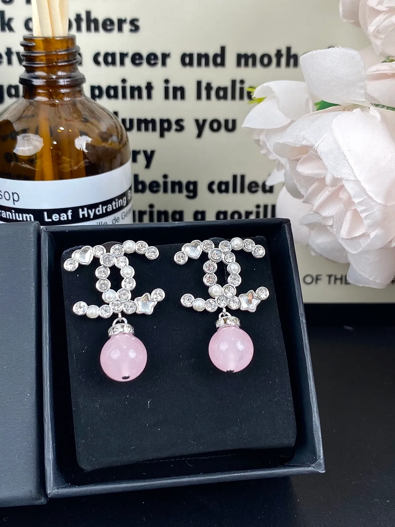 Chanel CC Drop White Pink Crystal-Pavé Interlocking Motif Dangling Spherical Gemstone Earrings 10