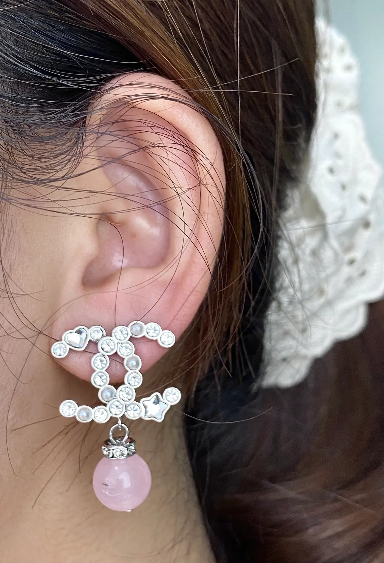 Chanel CC Drop White Pink Crystal-Pavé Interlocking Motif Dangling Spherical Gemstone Earrings 11