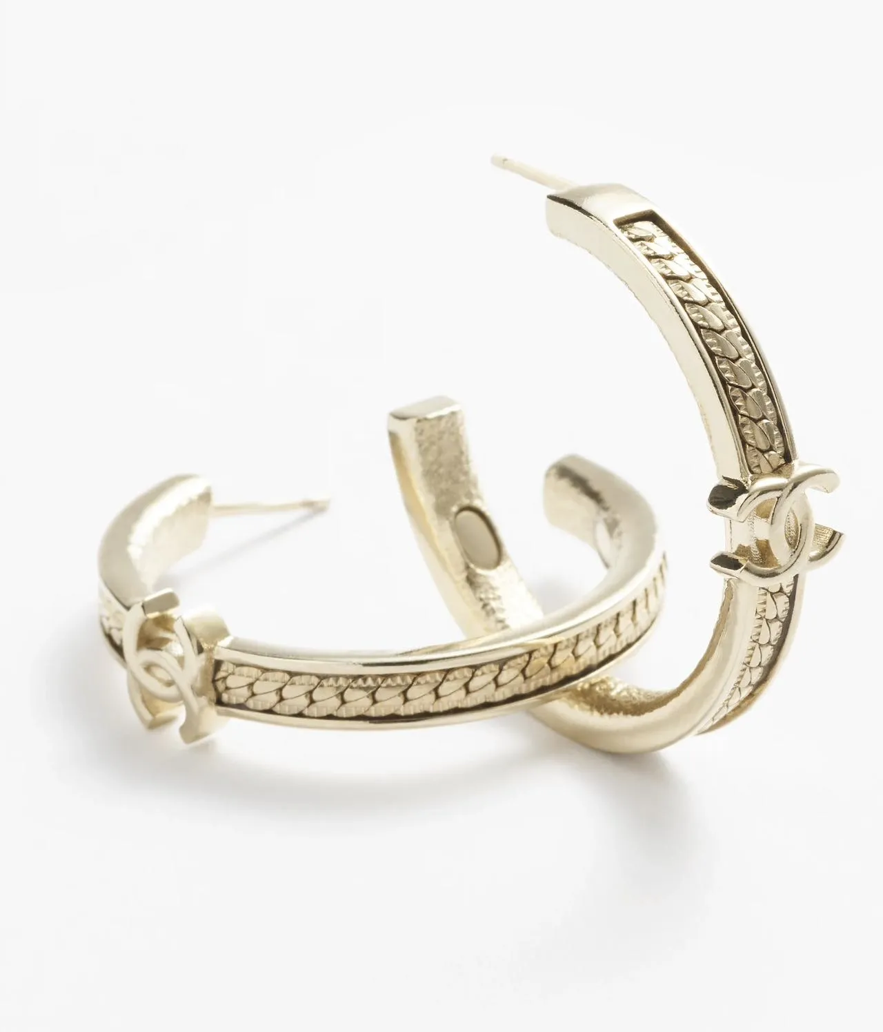 Chanel CC Hoop Gold Black Metal Interlocking Logo Earrings 8