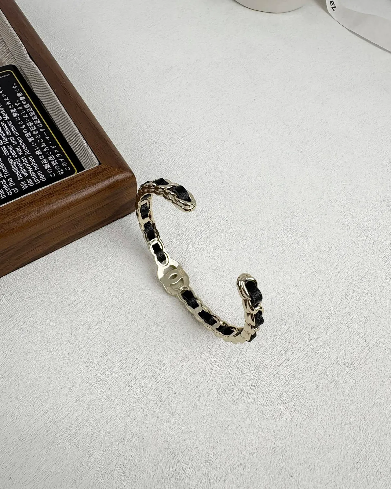 Chanel CC Logo Chain Gold Black Leather Insert Bracelet 2