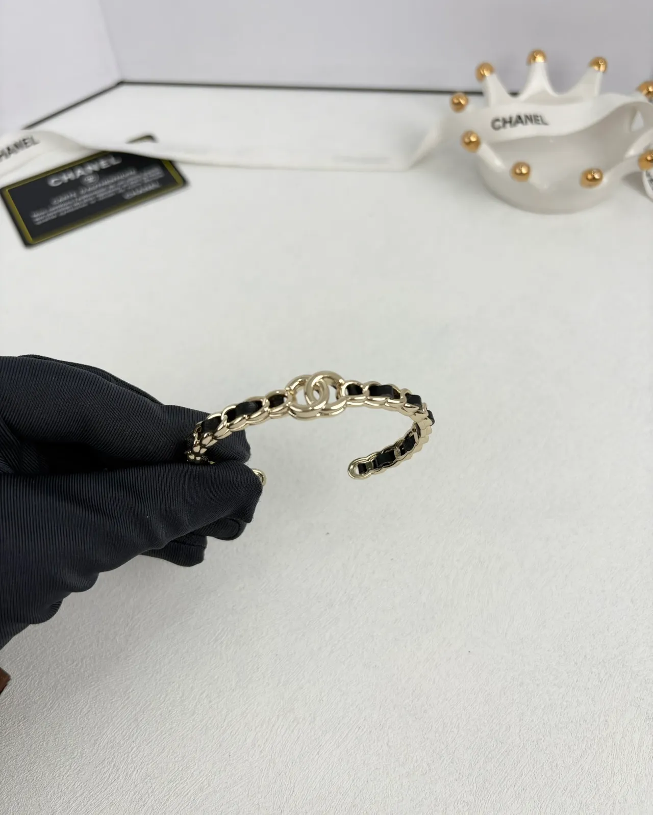 Chanel CC Logo Chain Gold Black Leather Insert Bracelet 3