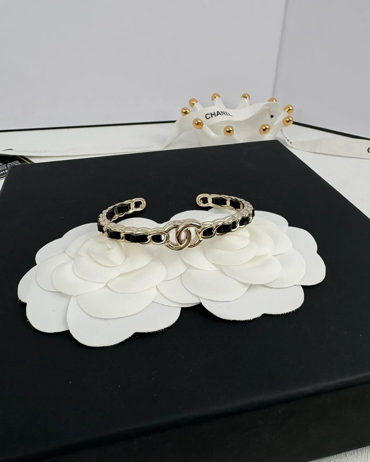 Chanel CC Logo Chain Gold Black Leather Insert Bracelet 4