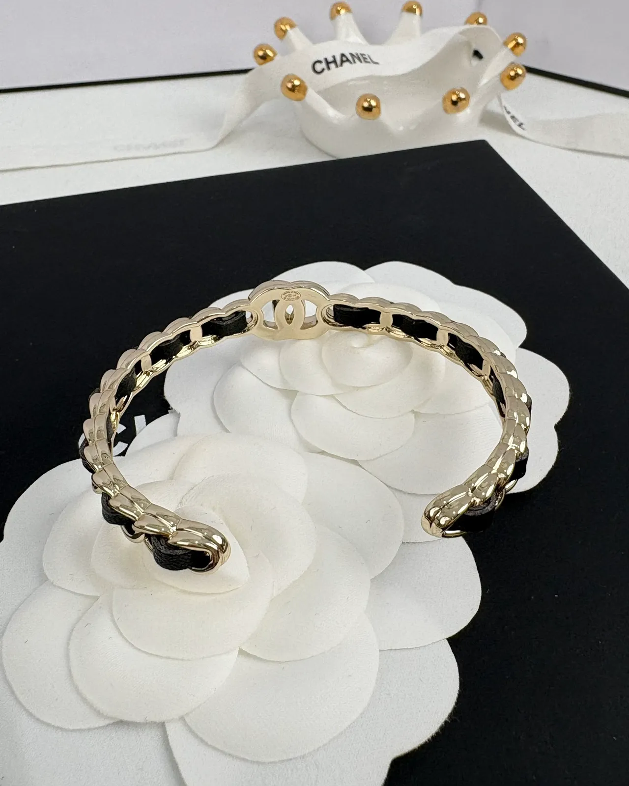 Chanel CC Logo Chain Gold Black Leather Insert Bracelet 6