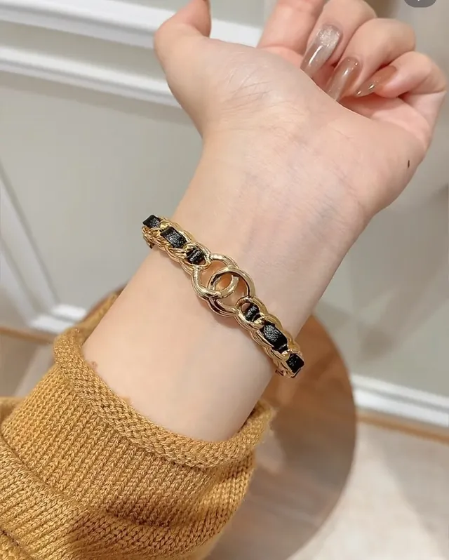 Chanel CC Logo Chain Gold Black Leather Insert Bracelet 9