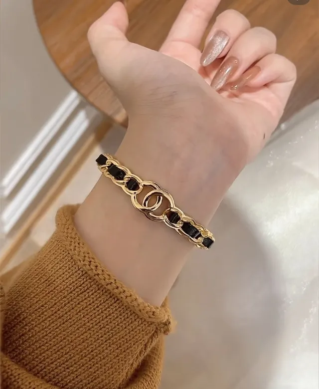 Chanel CC Logo Chain Gold Black Leather Insert Bracelet 10
