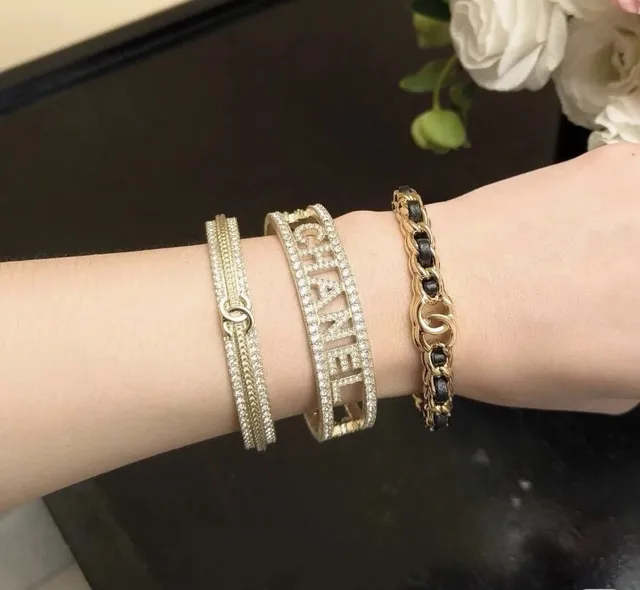 Chanel CC Logo Chain Gold Black Leather Insert Bracelet 11