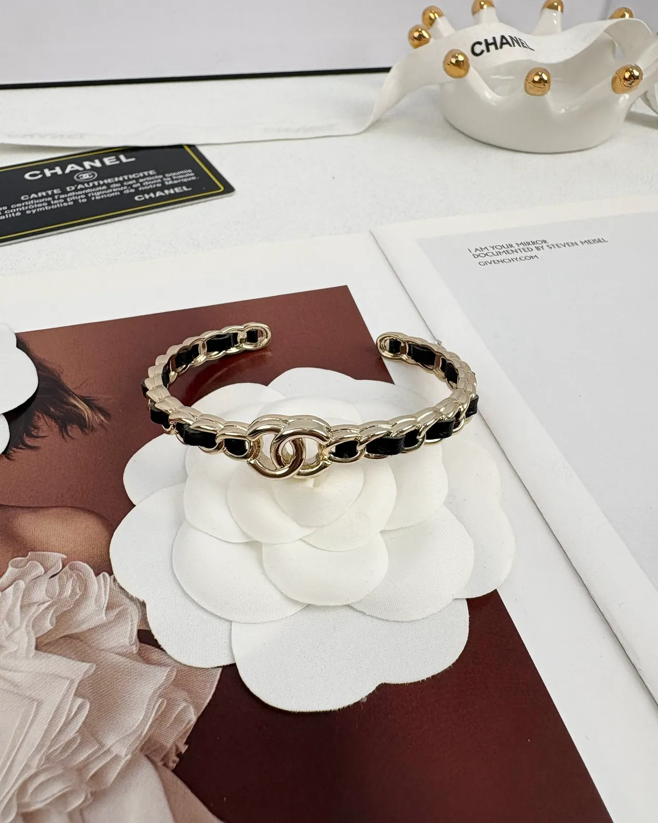 Chanel CC Logo Chain Gold Black Leather Insert Bracelet 12