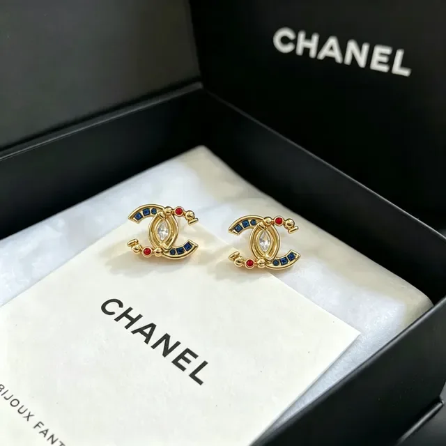 Chanel CC Logo Gold Multicolor Crystal-Embellished Earrings 1