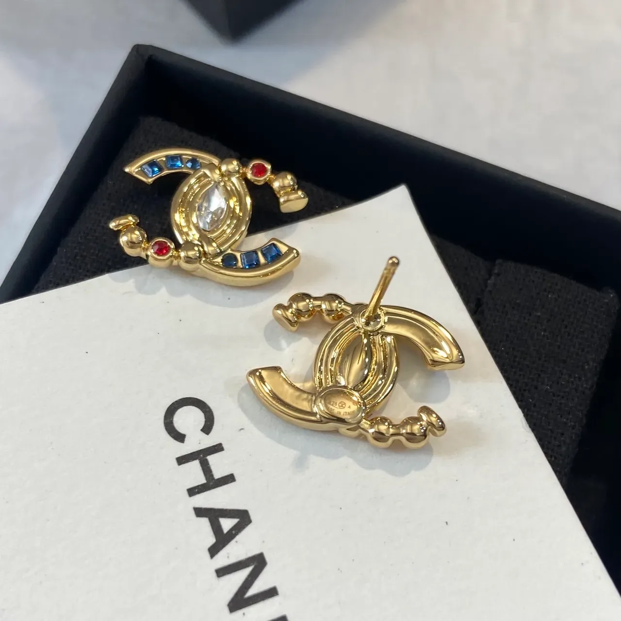 Chanel CC Logo Gold Multicolor Crystal-Embellished Earrings 5