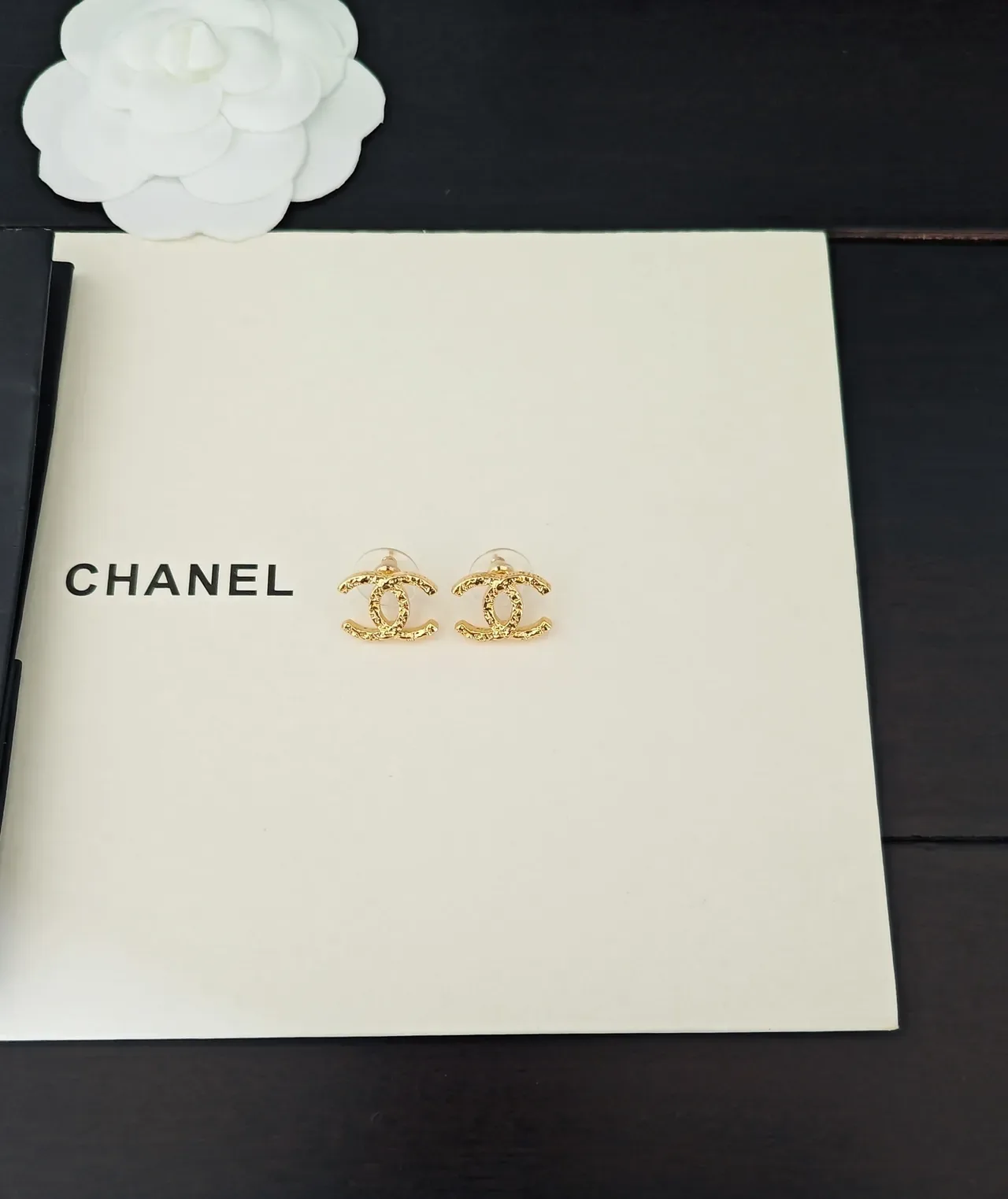 Chanel CC Logo Stud Gold Black Interlocking Earrings 5