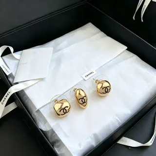 Chanel CC Logo Stud Gold Black Metallic Sculptural Earrings