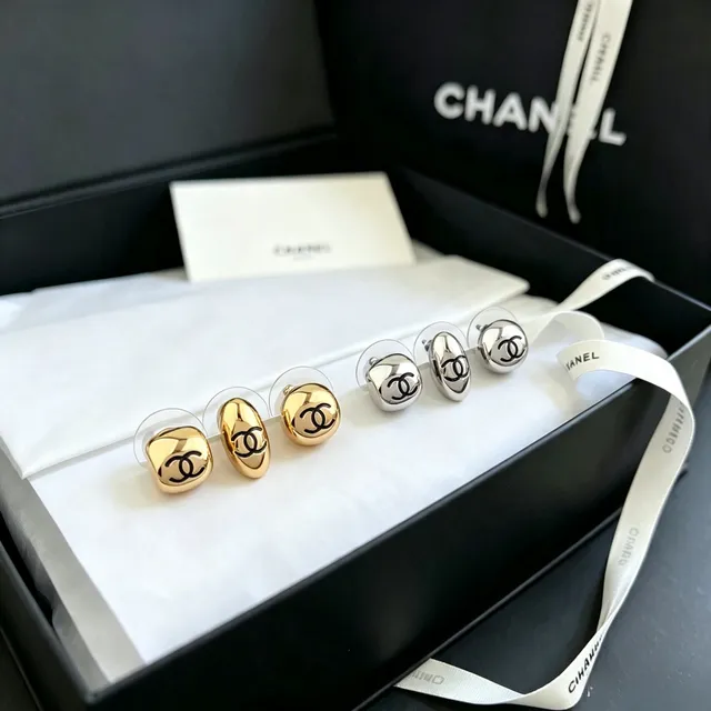 Chanel CC Logo Stud Gold Black Metallic Sculptural Earrings 2