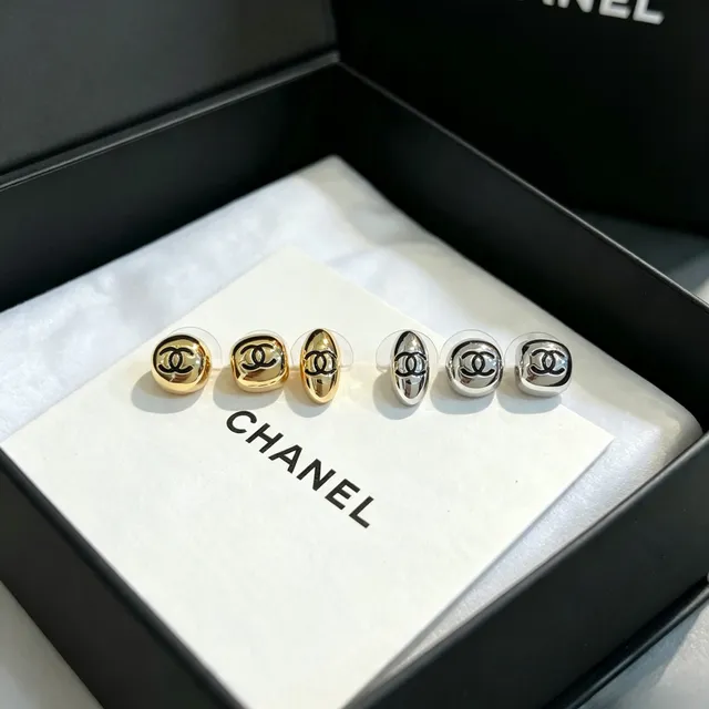 Chanel CC Logo Stud Gold Black Metallic Sculptural Earrings 4